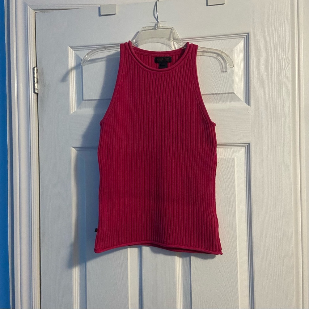 Ralph Lauren Vintage Women's Ribbed Knitted Pink Sleeveless Sweater Top Size S
